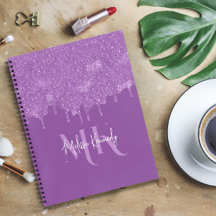 Chic Girly Purple Glitter Drips Monogram & Name  Notebook