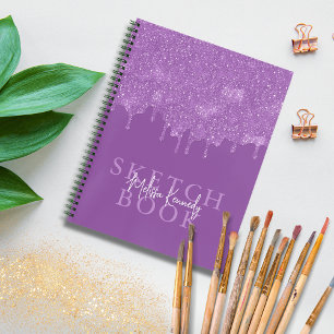 Chic Girly Purple Glitter Drips Monogram & Name Notebook