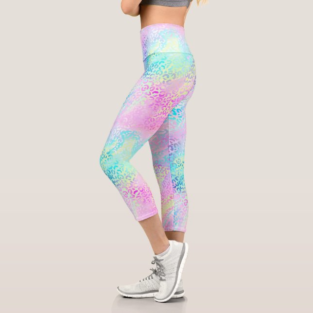 Chic Girly Rainbow Shimmer Leopard Print Capri Leggings (Left)