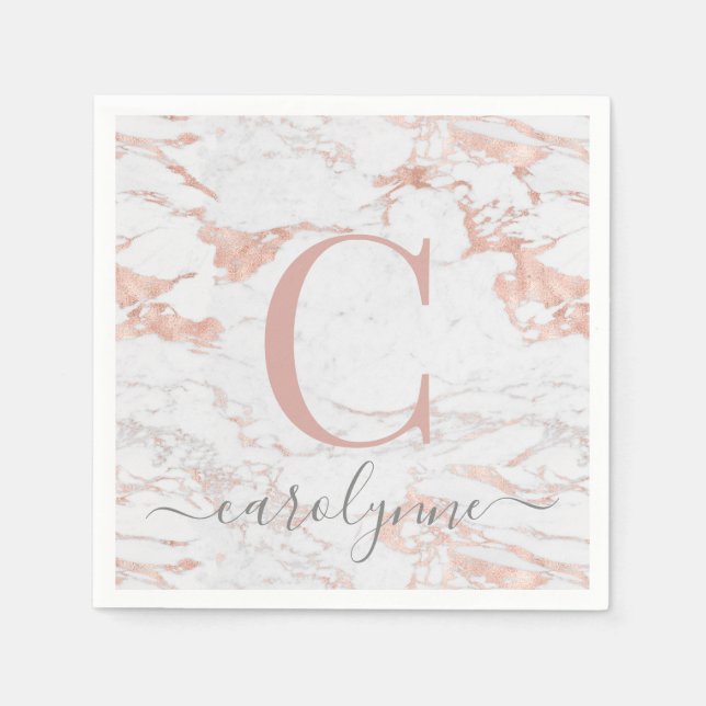 Chic Girly Rose Gold Foil | Marble Monogram Napkin (Front)