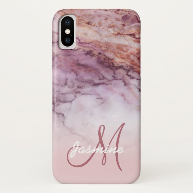Chic Girly Rose Gold Marble Monogram Name Case-Mate iPhone Case (Back)