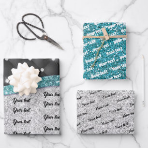Chic girly Silver glitter black turquoise monogram Wrapping Paper Sheet