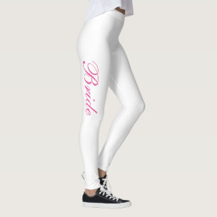 Chic Girly Simple Pink Script White Bride Leggings