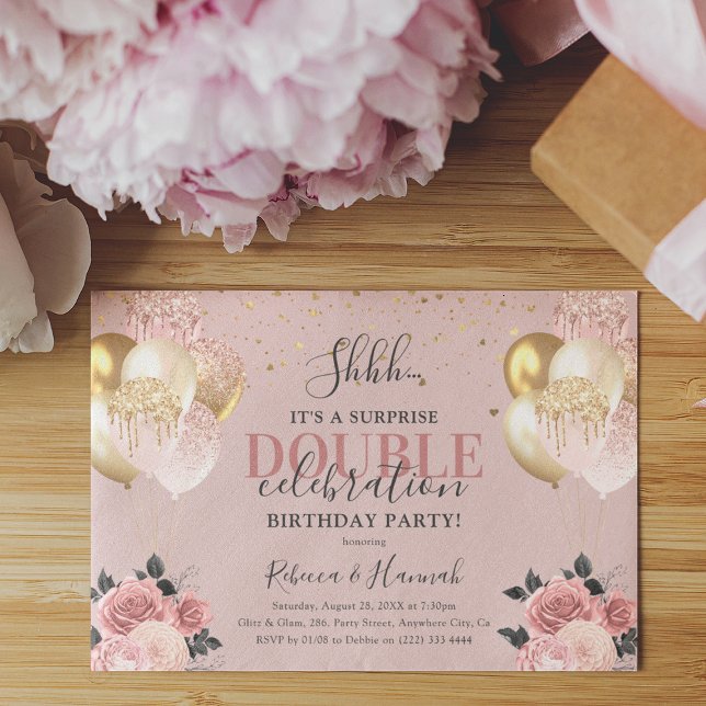 Chic Girly Surprise Double Birthday Party Invitation (Creator Uploaded)