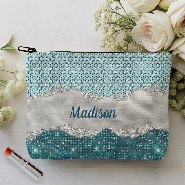 Chic girly teal mint green glitter silver monogram accessory pouch (Creator Uploaded)