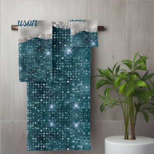 Chic girly teal mint green glitter silver monogram bath towel set