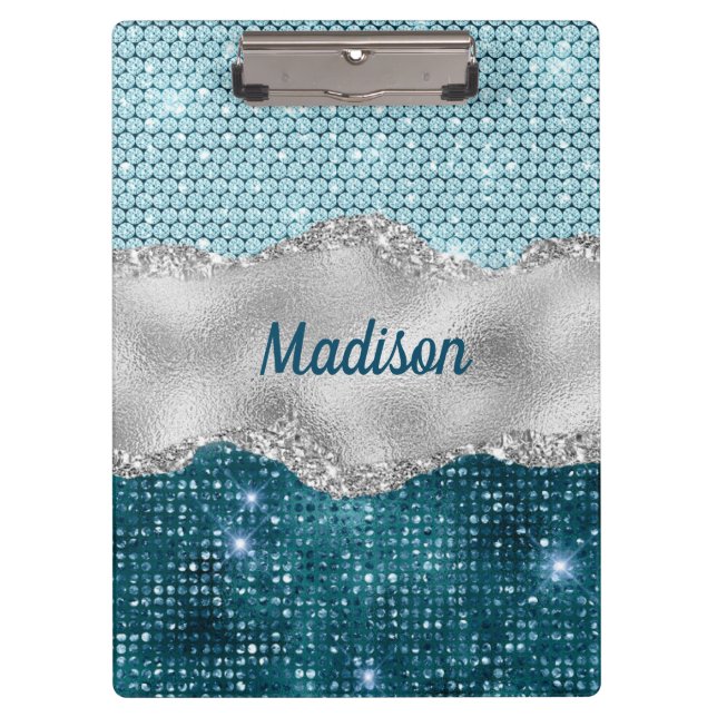 Chic girly teal mint green glitter silver monogram clipboard (Front)