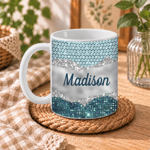 Chic girly teal mint green glitter silver monogram coffee mug