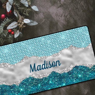 Chic girly teal mint green glitter silver monogram desk mat