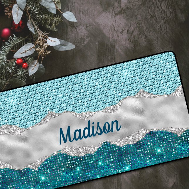 Chic girly teal mint green glitter silver monogram desk mat (Creator Uploaded)