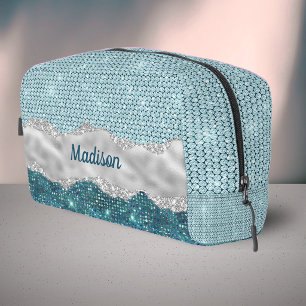 Chic girly teal mint green glitter silver monogram dopp kit