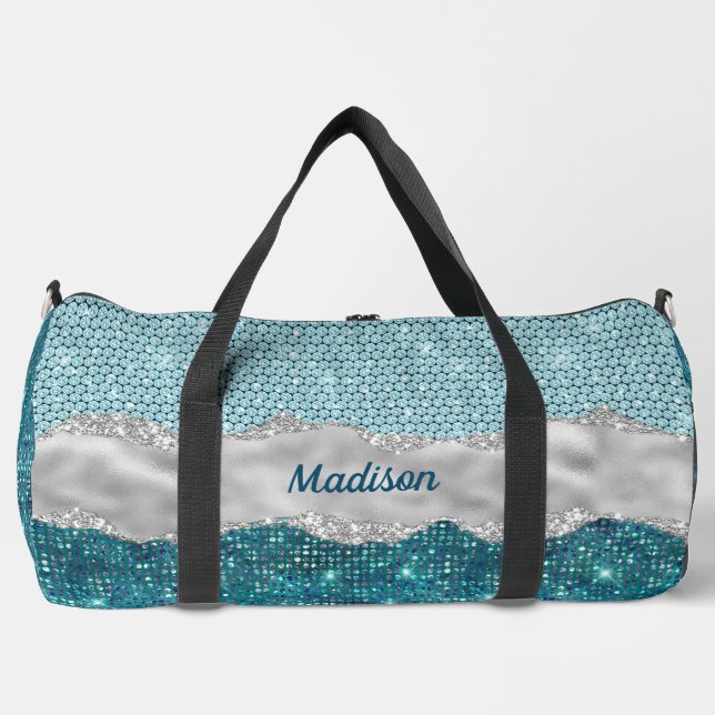 Chic girly teal mint green glitter silver monogram duffle bag (Front)