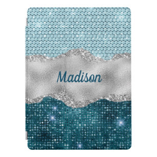 Chic girly teal mint green glitter silver monogram iPad pro cover