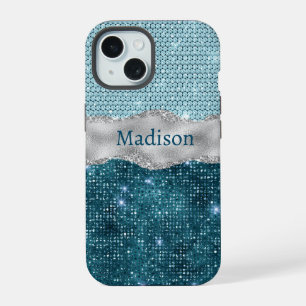 Chic girly teal mint green glitter silver monogram iPhone 15 case