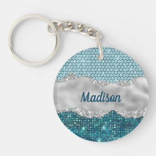 Chic girly teal mint green glitter silver monogram key ring