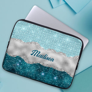 Chic girly teal mint green glitter silver monogram laptop sleeve