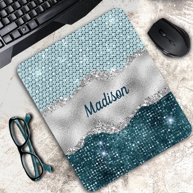 Chic girly teal mint green glitter silver monogram mouse pad (Creator Uploaded)