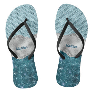 Chic girly teal mint green glitter silver monogram thongs