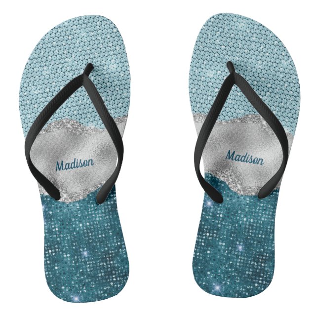 Chic girly teal mint green glitter silver monogram thongs (Footbed)