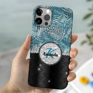 Chic girly turquoise aqua glitter leaves monogram iPhone 13 case