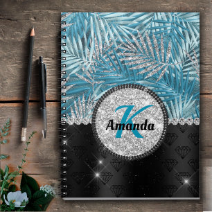 Chic girly turquoise aqua glitter leaves monogram notebook