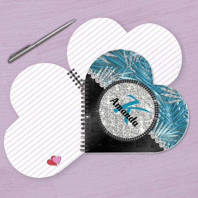 Chic girly turquoise aqua glitter leaves monogram  notebook (Creator Uploaded)