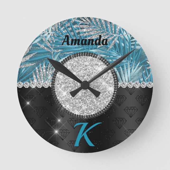 Chic girly turquoise aqua glitter leaves monogram round clock (Front)