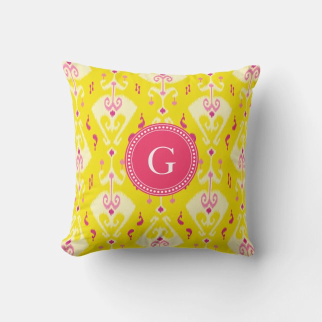 Chic girly yellow ikat tribal pattern monogram cushion (Front)