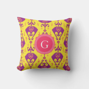 Chic girly yellow ikat tribal pattern monogram cushion