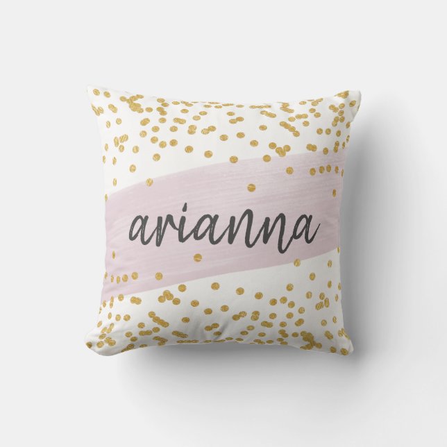 Chic Glam Blush and Faux Gold Dots with Name Cushion (Front)