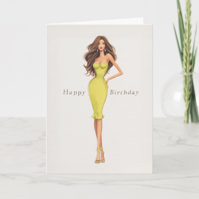Chic Glam Brunette Woman in Yellow Dress Birthday Card (Front)