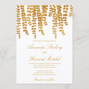 Chic glam gold foil dropping ivy leaves wedding invitation