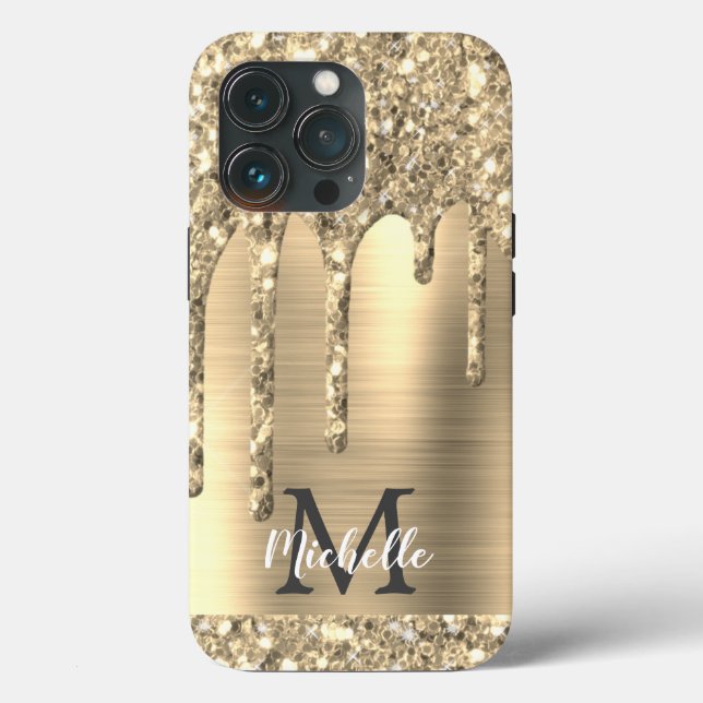 Chic Glam Gold Glitter Drips Monogram Metal Case-Mate iPhone Case (Back)