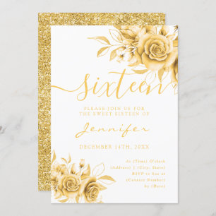 Chic Glam Gold Sweet 16 Glitter Floral Invitation
