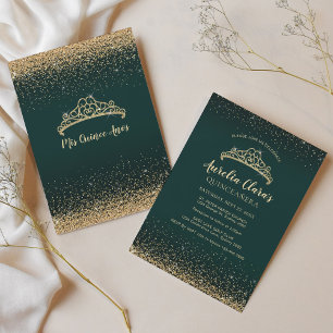 Chic Glam Green Gold Glitter Tiara Quinceanera Invitation