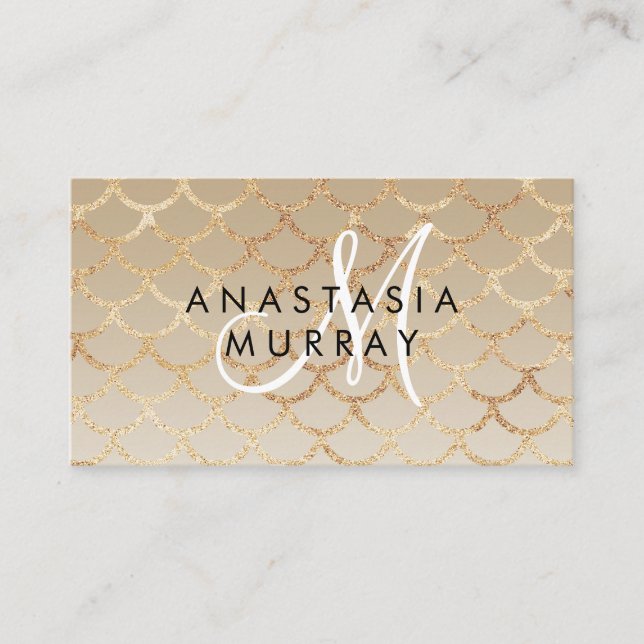 Chic Glam Grey Gold Mermaid Glitter Monogram Name Business Card (Front)