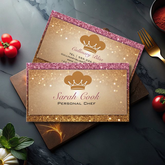 Chic Glam Personal Chef Catering Pink Gold Glitter Business Card (Creator Uploaded)