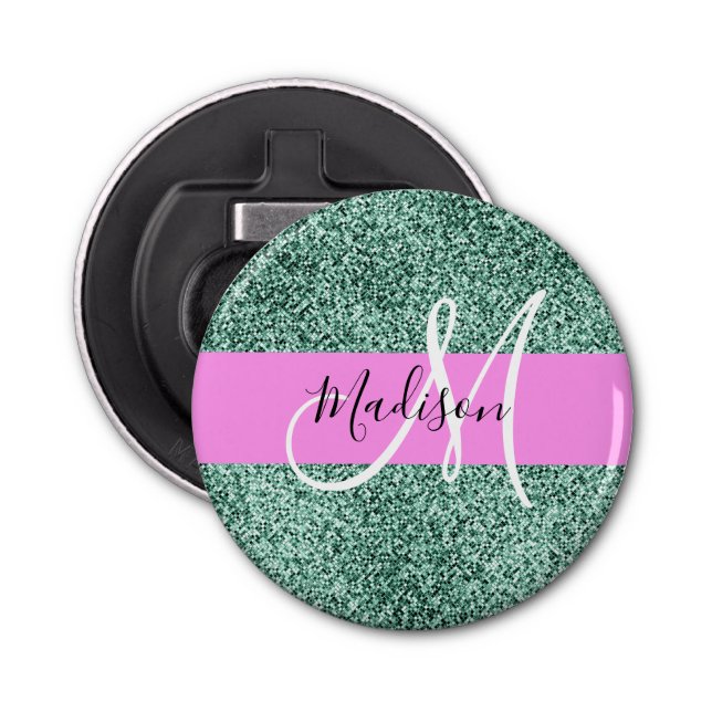 Chic Glam Pink Green Glitter Sparkle Name Monogram Bottle Opener (Front)