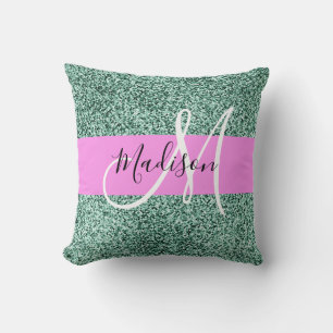 Chic Glam Pink Green Glitter Sparkle Name Monogram Cushion
