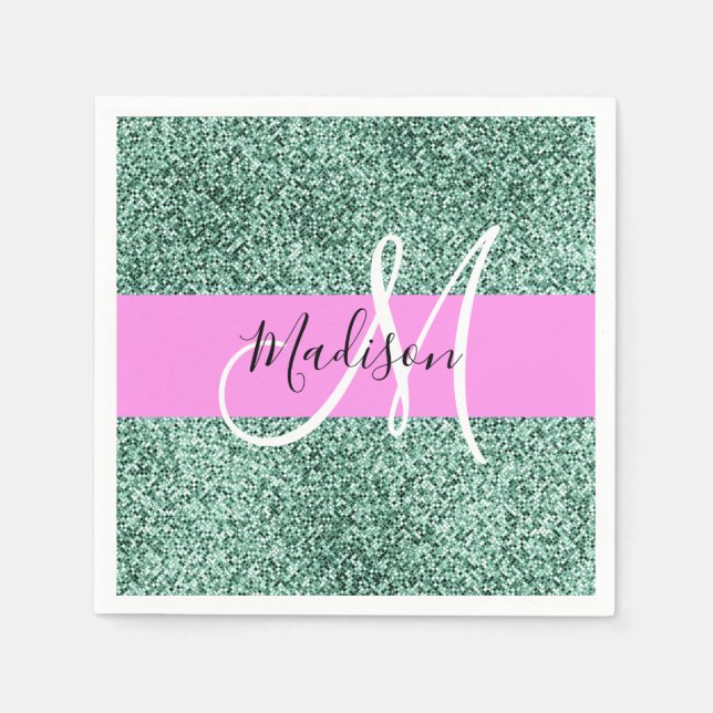 Chic Glam Pink Green Glitter Sparkle Name Monogram Napkin (Front)