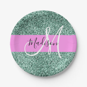 Chic Glam Pink Green Glitter Sparkle Name Monogram Paper Plate