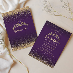 Chic Glam Purple Gold Glitter Tiara Quinceanera Invitation