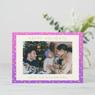 Chic Glam Purple Gold Polka Dot Personalised Photo Holiday Card