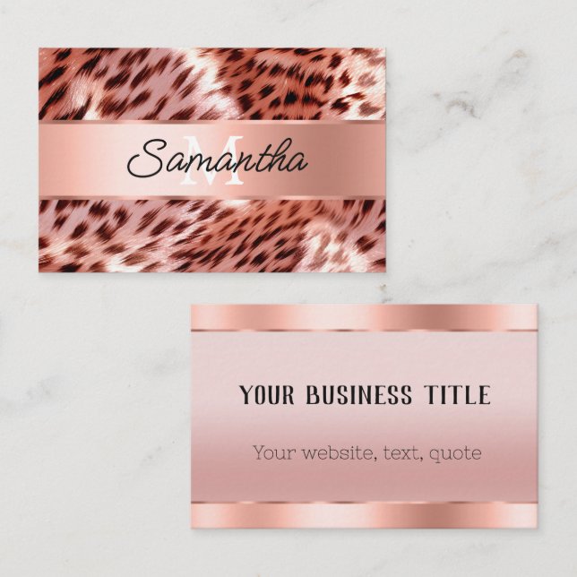 Chic Glam Rose Gold Leopard Monogram Business Card (Front/Back)