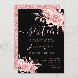 Chic Glam Rose Gold Sweet 16 Glitter Floral Black  Invitation