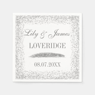 Chic Glam White & Grey Silver Glitter Wedding Napkin