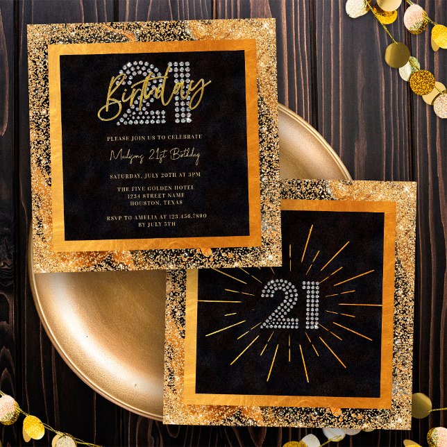 Chic Glitter Black and Gold 21st Birthday Party Invitation (Front / Back)
