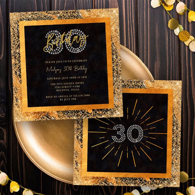 Chic Glitter Black and Gold 30th Birthday Party Invitation (Front / Back)