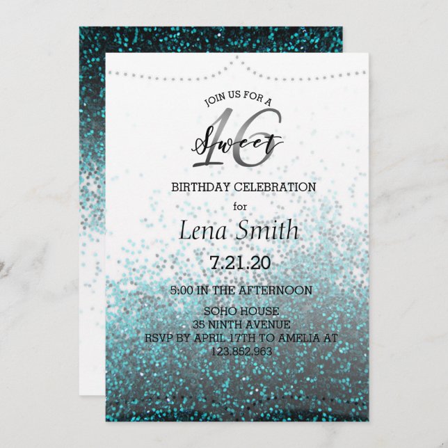 Chic Glitter Blue Confetti Sweet 16 Birthday Invitation (Front/Back)