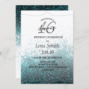 Chic Glitter Blue Confetti Sweet 16 Birthday Invitation